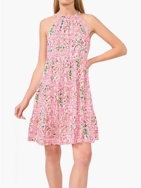 CeCe NWT High Neck Pink Floral Unlined Viscose Tiered Trapeze Dress - Size XXL